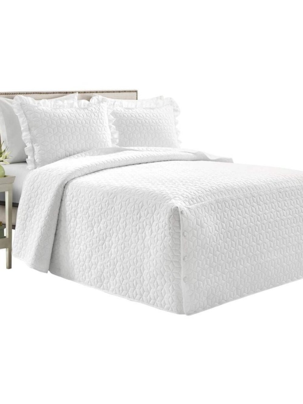 French Country Geo Bedspread Queen Size 3 Piece Set White - Quilted Bedding Set